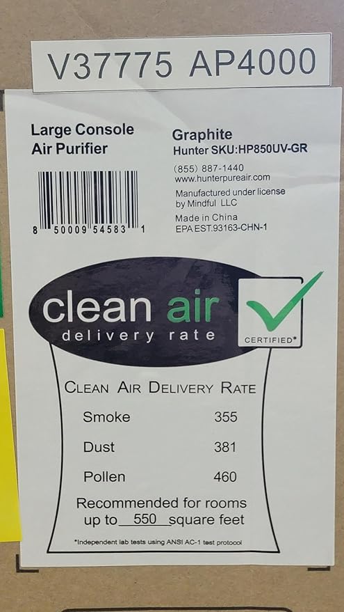 Hunter HP850 Air Purifiers for Home Large Room and Bedroom. True HEPA Air Purifier for Pets, Odors, Allergens, Smoke, Dust. 4 Fan Speeds, Quiet Sleep Mode, UV Mode. Filters 2585 Ft² per hour. Black