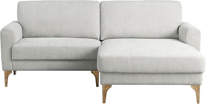 Studio Living® Matthew 83.5" Sofa Chaise, Mid-Century Modern, Pocket Coil Comfort, Reversable Chaise, Metal Brushed Bronze Legs, Chenille Fabric, Ivory