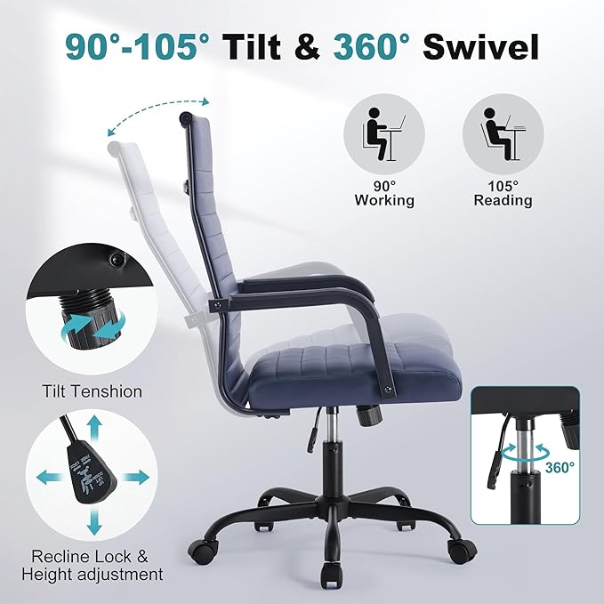 Office Desk Chair, Ergonomic Conference Room Chairs, PU Leather Executive Ribbed Computer Chair, Swivel Rolling Chair for Home Office