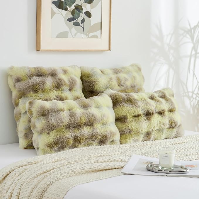 FUTEI Green White Decorative Throw Pillow Covers 24x24 Inch Set of 2,Soft Fuzzy Faux Rabbit Fur European Cushion Covers with Raised Texture,Neutral Boho Home Decor for Couch Bed Living Room