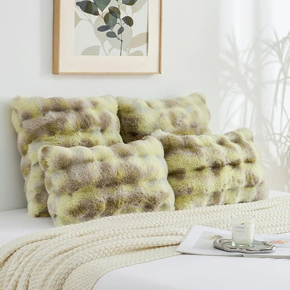 FUTEI Green White Decorative Throw Pillow Covers 24x24 Inch Set of 2,Soft Fuzzy Faux Rabbit Fur European Cushion Covers with Raised Texture,Neutral Boho Home Decor for Couch Bed Living Room