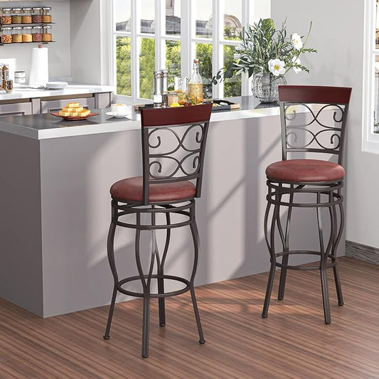 Giantex 30" Swivel Bar Stools Set of 2, Bar Height Bar Stools w/Back, Upholstered PU Leather Seat, Footrest, Max Load 330Lbs, Vintage Metal Barstools for Kitchen Island, Dining Room, Rustic Brown