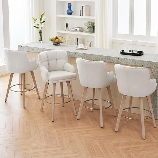 360°Swivel Counter Height Bar Stools with Back, 30 inch Solid Wood Legs, Bar Stool Modern Kitchen Island Chairs, Fabric (Beige- Fabric, 30" H- Set of 4)