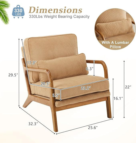 VINGLI Upgraded Premium Corduroy Accent Chair,Upholstered Arm Chair,Solid Wood Comfy Reading Chair with Lumbar Pillow, Mid Century Modern Chairs for Living Room,Bedroom,Guest Room,Khaki