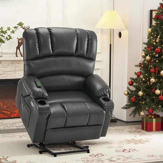 MCombo Oversized Power Lift Recliner Chair for Elderly, Lift Chair with Heat and Massage, Lift Recliner for Big and Tall, Cup Holders, USB &Type C Ports, Faux Leather R7092 (Grey, Oversize)