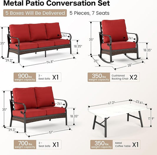 5 Piece Metal Outdoor Patio Furniture Set, Patio Conversation Set with 3-Seater Sofa, Loveseat, 2 Rocking Sofa (5.75" Thick Cushion) & Coffee Table Black Backyard Furniture, Rust Red