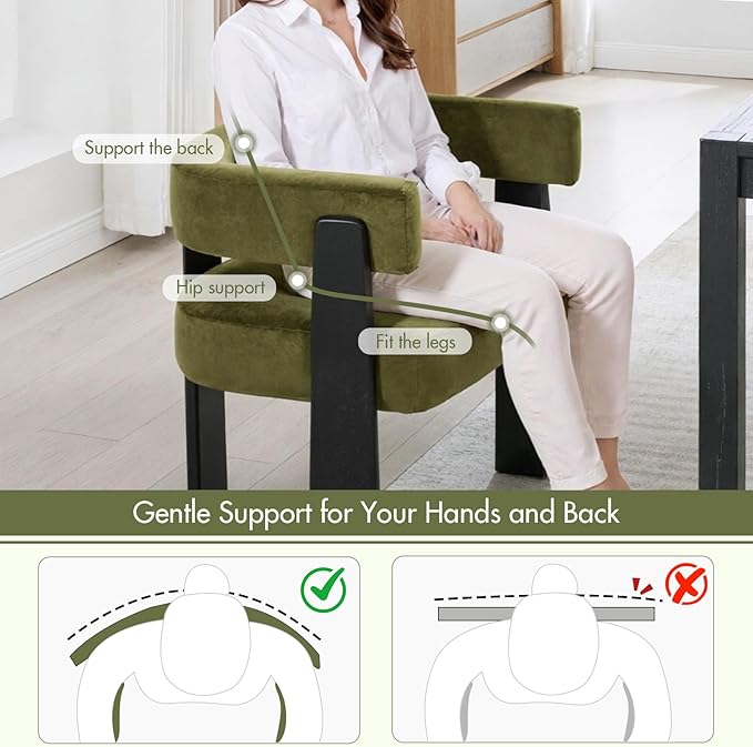 Modern Dining Chairs Set of 4, Upholstered Velvet Barrel Accent Chairs with Backrest & Arms, Wide and Thicker Padded Kitchen Side Chair with Wooden Legs for Dining Room, Livingroom, Dark Green