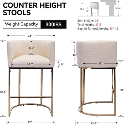 Contemporary Cream Linen Bar Stools Set of 3, 29" Upholstered Fabric Counter Height Barstools Kitchen Counter Island Stools with Screwed Together Golden Metal Base