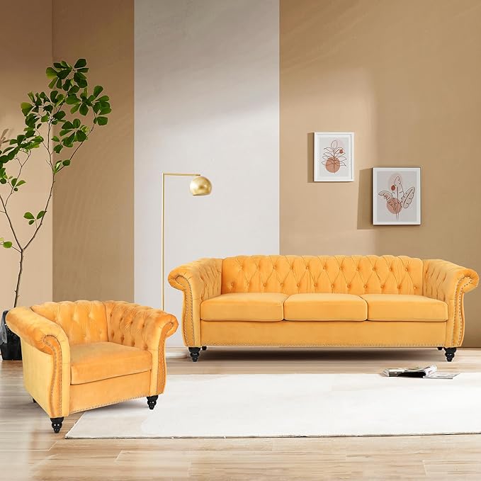 Home Sofa Living Room Furniture, 3 Seater 84" Velvet Upholstered Couch, Mid Century Modern Comfy Couch with Cushions, Classic Tufted Chesterfield Couches for Bedroom, Office, Apartment (Yellow)