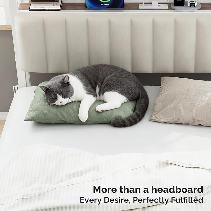 VINGLI King Size Headboard Only, Adjustable Upholstered Headboard with 3 Tier Shelves and Pegboard with Charging Stations and LED Lights, Modern Bed Headboard with Storage for Bedroom Decor