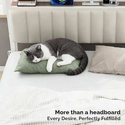VINGLI Queen Size Headboard Only, Adjustable Upholstered Headboard with 3 Tier Shelves and Pegboard with Charging Stations and LED Lights, Modern Bed Headboard with Storage for Bedroom Decor