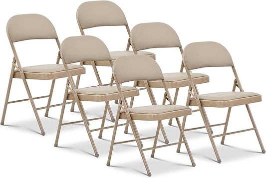 Oline Vinyl Folding Chairs, Padded Vinyl Cushion Chairs with Durable Metal Frame, Indoor Outdoor Stackable Foldable Guest Chairs for Office Wedding Kitchen Dining, 300lb Capacity (Khaki, 6 Pack)