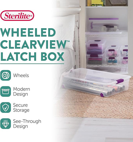 Sterilite 12-Pack ClearView Latch Box, Wheeled Underbed Organizer Bins for Home, 60 Quart