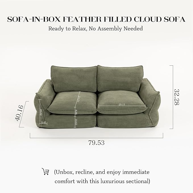 81'' Down Blend Loveseat, Deep Seat Cloud Sofa with Feather-Filled Cushions, Ultra Soft Sink-in Comfort Couch for Living Room, Modern Oversized Sofa – Sage Mist