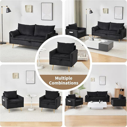 Furnimart 3-Seater Storage Sofa and Couch, Corduroy Loveseat with Accent Single Chair, Small Living Room Furniture Set for Apartment, Tiny Homes and Lofts, 2PC-Black