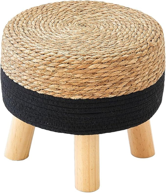 Round Ottoman Natural Seagrass Footstool, Foot Stool with 4 Wood Legs, Hand Woven Round Footstool, Sofa Stool, Multifunctional Modern Dressing Stool, Sofa Side Table for Bedroom (Black)