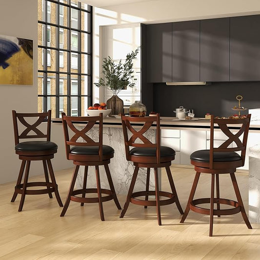 COSTWAY Bar Stools Set of 4, 24 Inch Classic Counter Height Chairs with X-Shaped Open Back, 4 PCS Swivel Barstool Set for Kitchen Island, Pub, Bistro, Café, Espresso (4, 24 Inch)