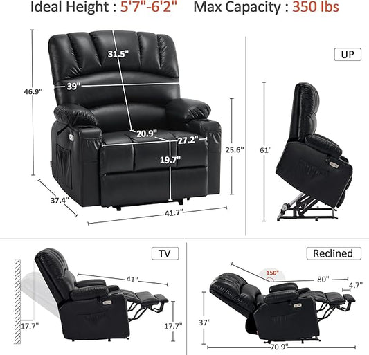 MCombo Oversized Power Lift Recliner Chair for Elderly, Lift Chair with Heat and Massage, Lift Recliner for Big and Tall, Cup Holders, USB &Type C Ports, Faux Leather R7092 (Black, Oversize)