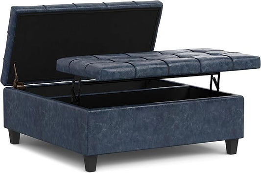 SIMPLIHOME Harrison 40 inch Wide Transitional Square Large Coffee Table Storage Ottoman in Denim Blue Vegan Faux Leather, Assembled, for The Living Room and Bedroom