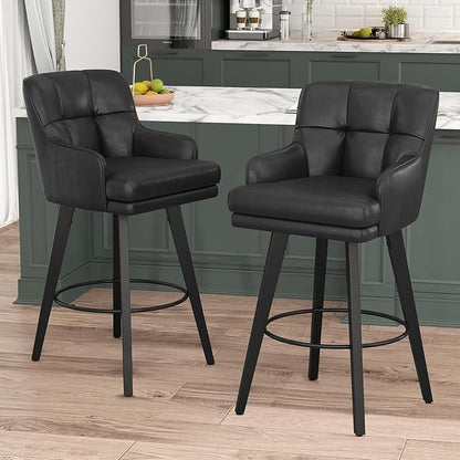 360°Swivel Counter Height Bar Stools with Back, 30 inch Solid Wood Legs, Bar Stool Modern Kitchen Island Chairs, Faux Leather (Black- Faux Leather, 30" H- Set of 2)