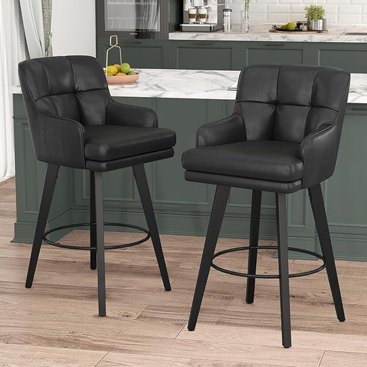 360°Swivel Counter Height Bar Stools with Back, 30 inch Solid Wood Legs, Bar Stool Modern Kitchen Island Chairs, Faux Leather (Black- Faux Leather, 30" H- Set of 2)
