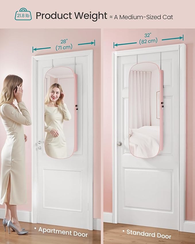 SONGMICS Jewelry Organizer, LED Jewelry Cabinet Wall/Door Mounted, Lockable Rounded Wide Mirror with Storage, Christmas Gift 3.9 x 16.5 x 42.5 Inches, Jelly Pink Surface with Cream White Lining