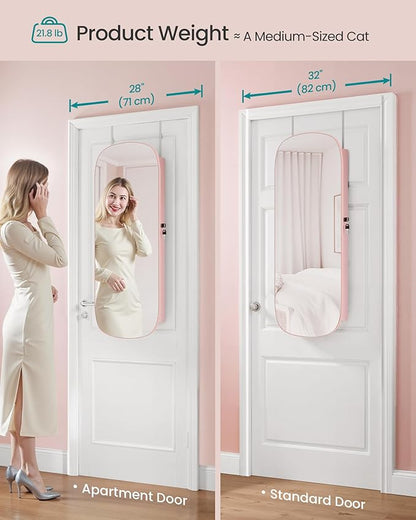 SONGMICS Jewelry Organizer, LED Jewelry Cabinet Wall/Door Mounted, Lockable Rounded Wide Mirror with Storage, Christmas Gift 3.9 x 16.5 x 42.5 Inches, Jelly Pink Surface with Cream White Lining