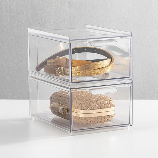 mDesign Stackable Storage Containers Box with 2 Pull-Out Drawers - Stacking Plastic Drawer Bins for Closet Organization, Linen, Coat, Bedroom or Entryway Closets - Lumiere Collection - 2 Pack - Clear
