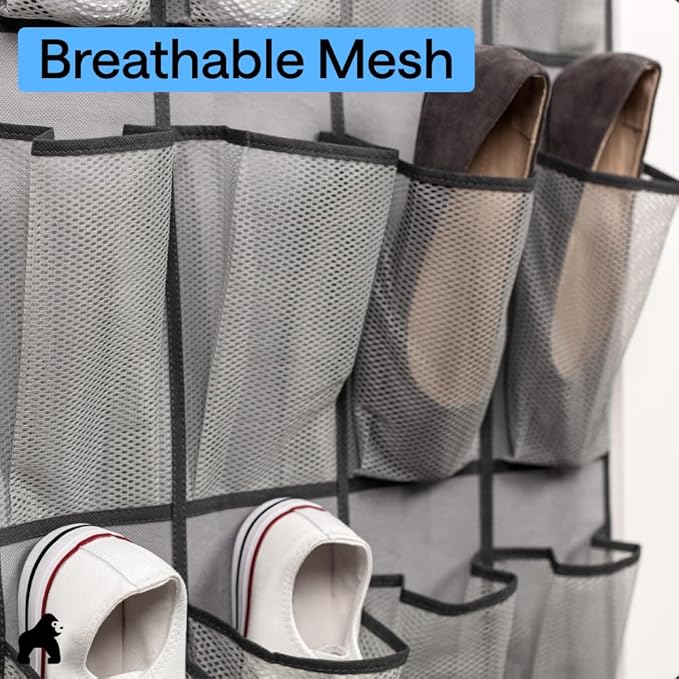 GORILLA GRIP Over the Door Shoe Organizer, 24 Extra Large Breathable Mesh Pockets, Space Saving Hanging Storage Holder, 4 Hook Closet Rack Hanger, Hangs on Closets for Shoes and Accessories, Gray