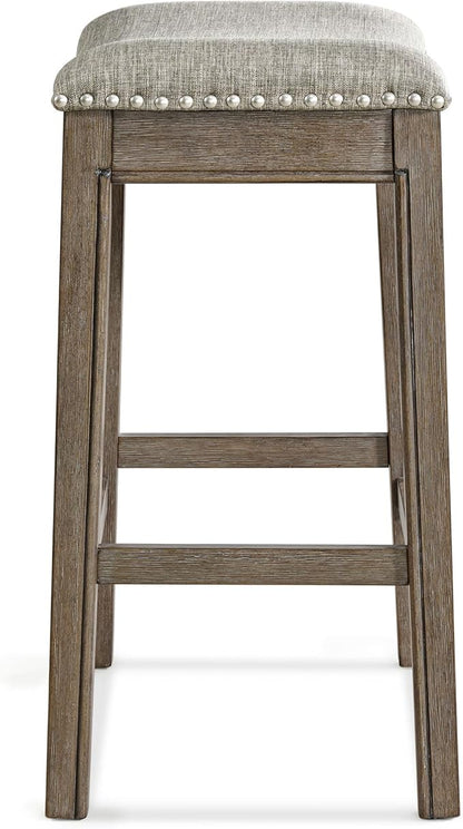 ROME + OAK Set of 3 Parker 26 Inch Counter Stool, Backless Saddle Kitchen Barstool in Walnut Finish with Grey Fabric Upholstery Cushion Seat