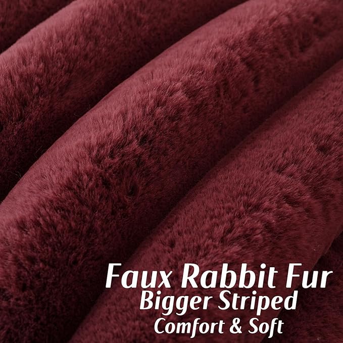 FUTEI Christmas Burgundy Decorative Throw Pillow Covers 18x18 Inch Set of 2, Square Soft Faux Rabbit Fur Thick Striped Cushion Cover,Winter Home Decor for Couch Bed Living Room