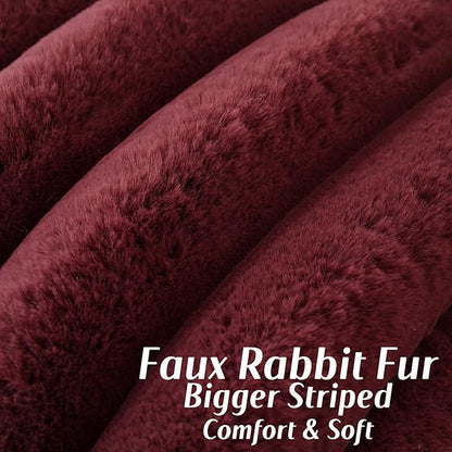 FUTEI Christmas Burgundy Decorative Throw Pillow Covers 26x26 Inch Set of 2, Square Soft Faux Rabbit Fur Thick Striped Euro Pillow Shams,Winter Home Decor for Couch Bed Living Room