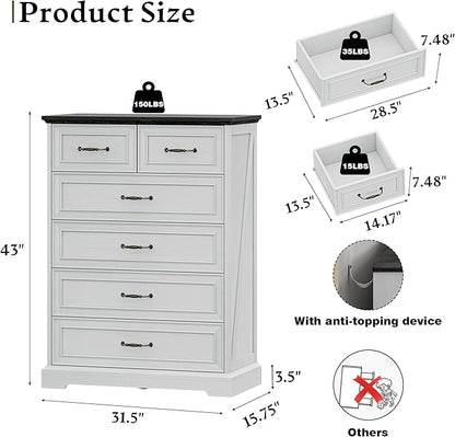 Farmhouse 6 Drawers Dresser for Bedroom, 43" Tall Modern Chest of Drawers with Deep Drawers & Bar Handles, Rustic Wood Dresser TV Stand, Wooden Closet Storage Organizer for Living Room, Hallway, White
