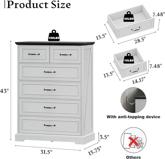 Farmhouse 6 Drawers Dresser for Bedroom, 43" Tall Modern Chest of Drawers with Deep Drawers & Bar Handles, Rustic Wood Dresser TV Stand, Wooden Closet Storage Organizer for Living Room, Hallway, White