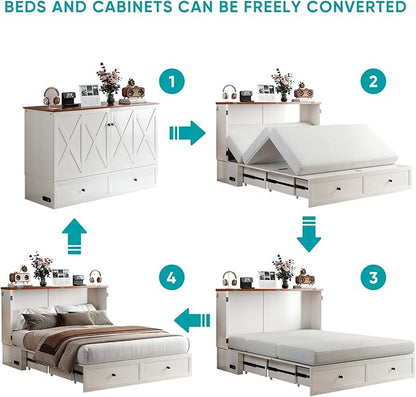 BALUS 63" W Queen Murphy Bed with Tri-Fold Mattress, Queen Size Murphy Cabinet Bed with 2 Storage Drawers & USB Charging Station, Chest Cabinet Beds for Bedroom Guest Room, White