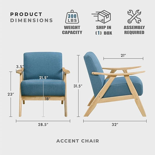 Lexicon Mid Century Modern Accent Chair with Solid Wood Frame in Natural Finish, Textured Fabric Living Room Lounge Arm Chair, Thick and Comfy Innerspring Seat Cushion, Linen-Look Fabric, Blue
