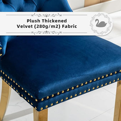 Velvet Upholstered Dining Chairs Set of 6, Modern Style Kitchen Side Chairs with Nailhead Trim and Gold Plated Leg, Metal Pulling Ring for Dining Room Living Room(Blue-Gold Plated Leg)