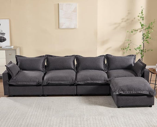 chairus 126" Modular Sectional Sofa with Moveable Ottoman Upholstered Deep Seat Linen Couch Set with Soft Pillows L-Shape Sofa Couch for Living Room, Apartment, Reception Room, 4-Seater/Black