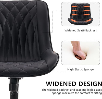 YOUNIKE Black Home Office Desk Chair Armless Comfy Small Ergonomic Rolling Vanity Chair with Wheels Wide Swivel Adjustable Modern Task Chair Back Cute Leather Upholstered Sewing Drafting Chair No Arms