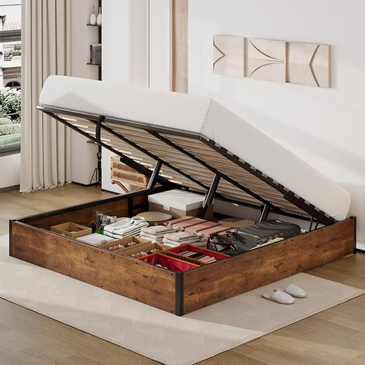 Lift Up Storage Bed Frame, King Size Wooden Platform Bed with Large Storage Underneath, No Box Spring Needed, Noise Free, Rustic Brown