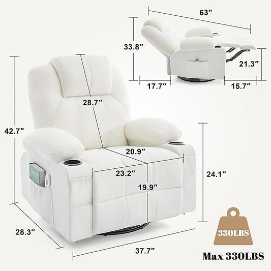 Oversized Swivel Rocker Recliner Chair with Heat and Massage, Large Big Recliner Chair for Living Room, 360 Degree Swivel Rocking Single Sofa with Cup Holders and USB Port(Teddy, White)