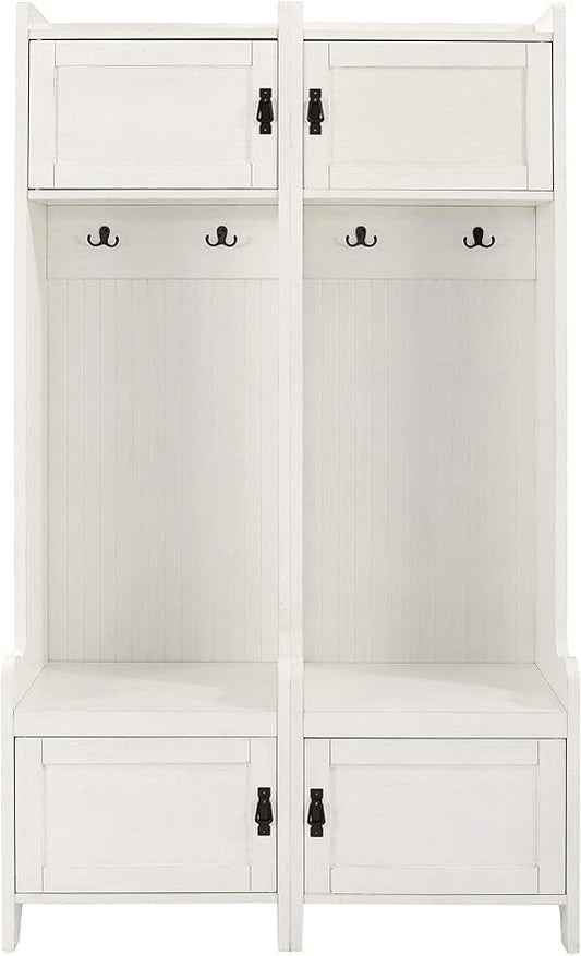 Crosley Furniture Fremont 2-Piece Hall Tree Entryway Set with Storage Cabinets and Coat Rack Hooks, Distressed White