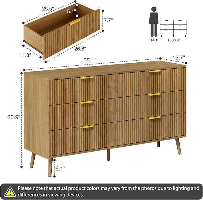 LYNSOM Fluted Dresser and Nightstand Sets 4 Piece, 1-Drawer Nightstands and 5/6 Drawers Dresser, Wood Bedroom Furniture Set for Home, Bedroom, Hallway, Natural Oak