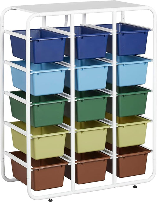ECR4Kids 5-Tier Storage Rack with 15 Cubby Bins 5x3, Multipurpose Organization, Earthtone