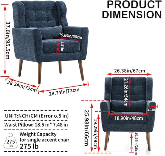 Accent Chair, Comfy Upholstered Living Room Chairs with High Tufted Backrest and Pillow, Wingback Reading Chair with Solid Wood Legs for Bedroom/Office, Chenille Fabric, Dark Blue