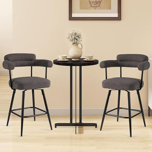 COSTWAY Counter Height Bar Stools Set of 2, 27" Swivel Modern Upholstered Counter Chairs with Boucle Fabric, Curved Backrests & Metal Legs, for Kitchen Island, Home (2, Grey + Black)