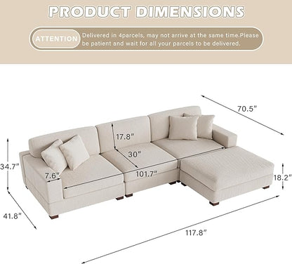 Modular Sectional Couches for Living Room, 118" Modern Upholstered Sofa Couche with Ottoman for Living Room Bedroom, Beige