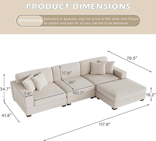 Modular Sectional Couches for Living Room, 118" Modern Upholstered Sofa Couche with Ottoman for Living Room Bedroom, Beige