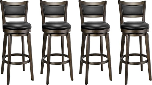 PrimeZone Swivel Bar Stools Set of 4, 32 Inch Tall Bar Height Barstools, Black Faux Leather Bar Stool with High Backrest & Solid Wood Legs & Wrap-Around Footrest, Counter Stools for Pub