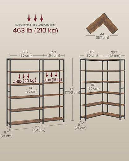 VASAGLE 6 Tier Bookshelf with Metal Frame, Convertible Industrial Corner Shelf, 9.4 x 52.8 x 69 Inches, for Living Room, Bedroom, Home Office, Rustic Brown and Ink Black ULLS806K01